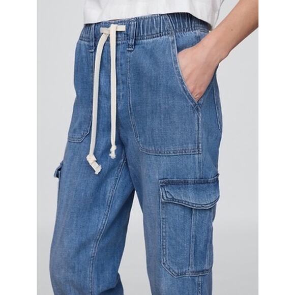 Gap NWT Denim Easy Cargo Joggers Medium Indigo Drawstring Cropped Pants Small - Picture 3 of 15